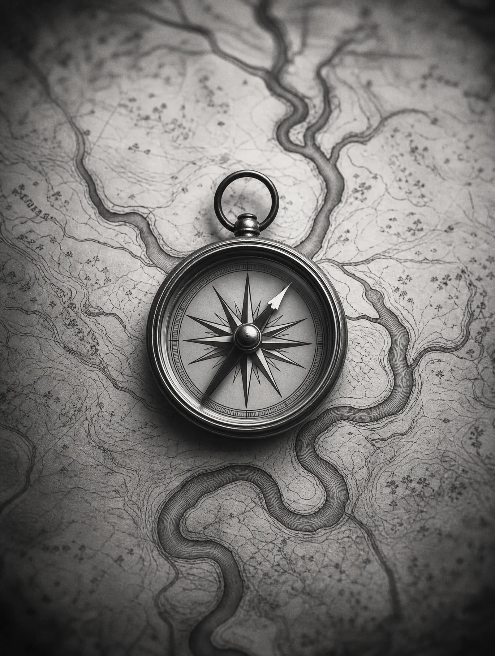 Boussole ancienne posée sur une carte d'un fleuve à méandres, en noir et blanc
